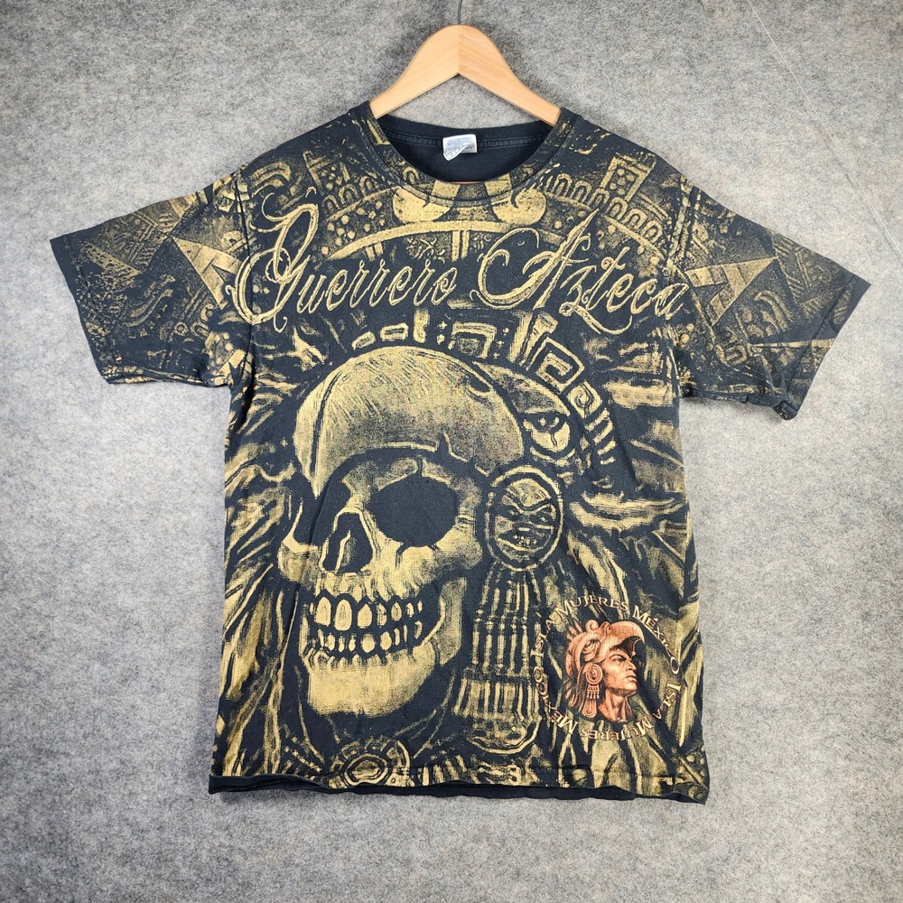 VTG Yazbek Guerrero Azteca TShirt Men M Black Gold Skull All Over Print Graphic